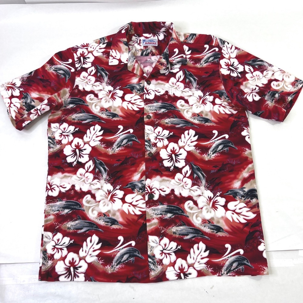 Hawaii Mens M (22" chest)  Hawaiian Shirt Red Dolphin Hibiscus Tropical Aloha